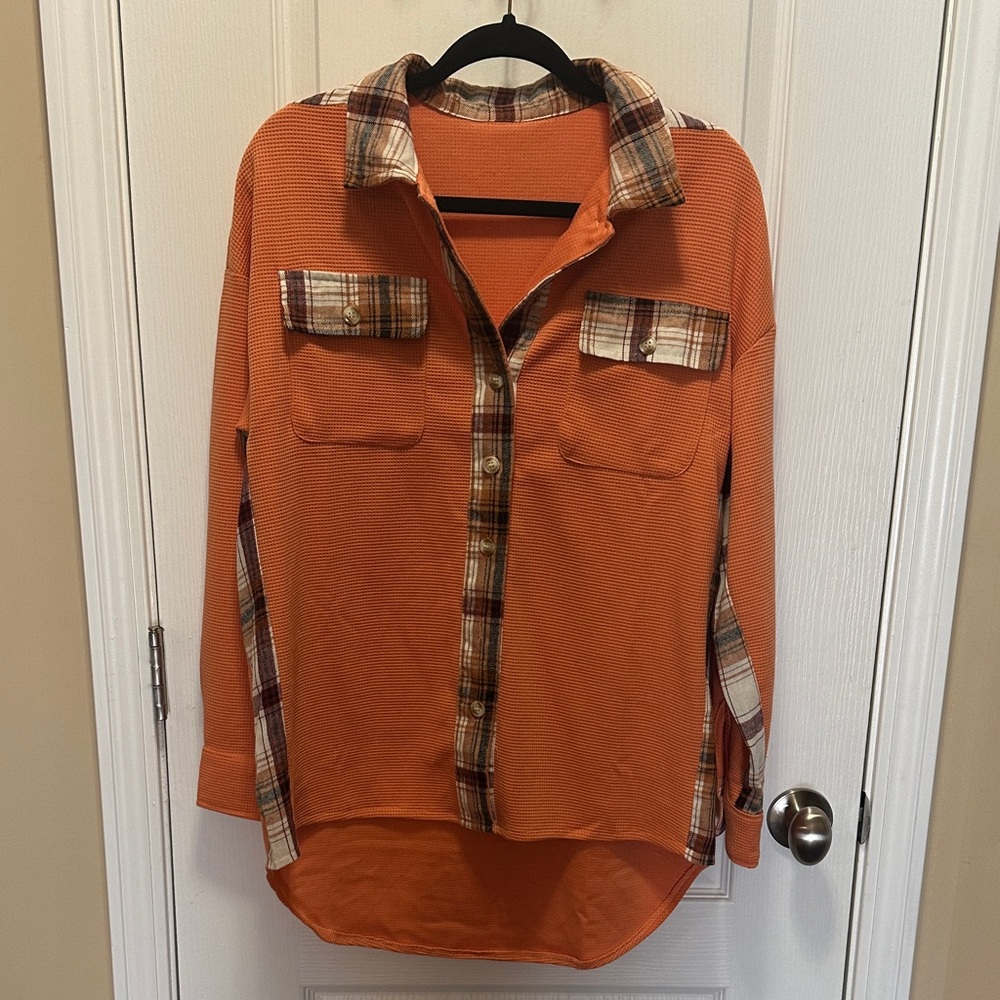 SHEWIN Orange Plaid Women's Top purchased on Amazon
